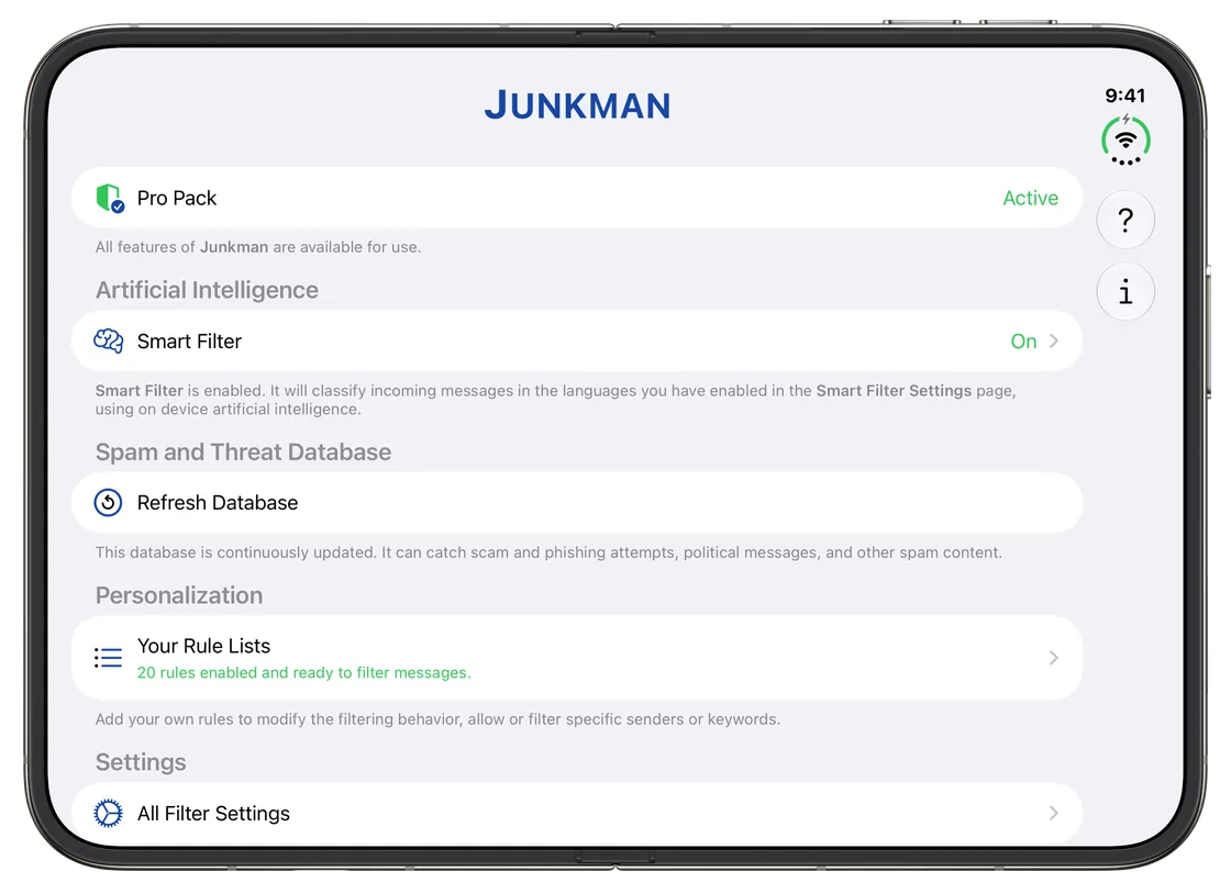 Junkman on an unfolded iPhone Duo: its settings across the wide screen, with the buttons in a bar along the side