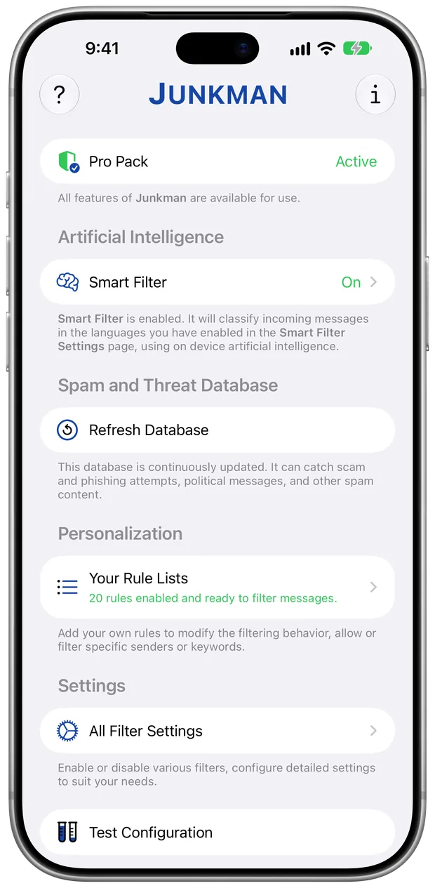 Junkman on iPhone: the main screen with the Smart Filter, the spam and threat database and your rule lists