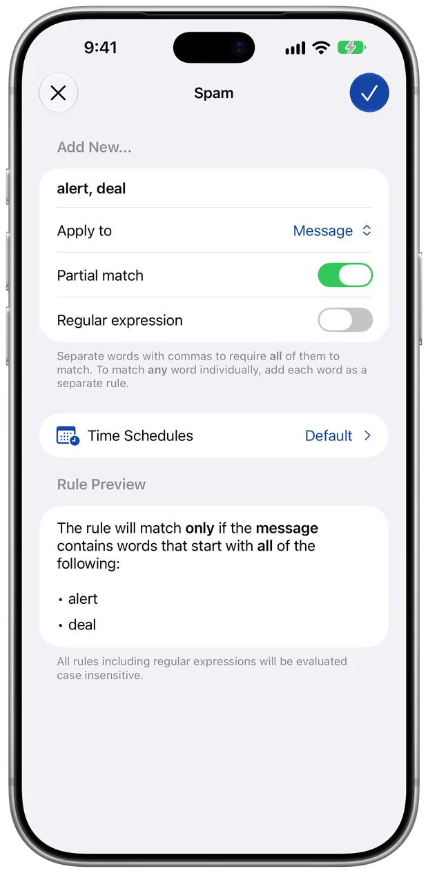 A custom rule in Junkman that files messages containing the words alert and deal as spam, with a preview of what it matches