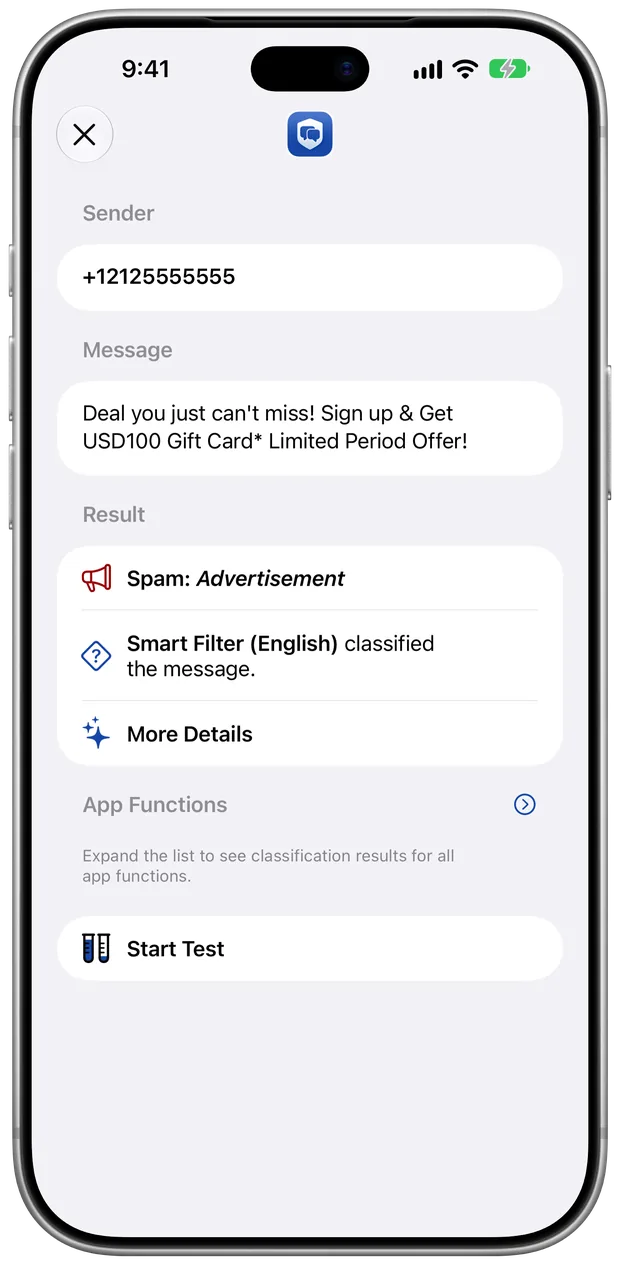Testing a message in Junkman: the Smart Filter classifies a gift card offer as spam advertisement